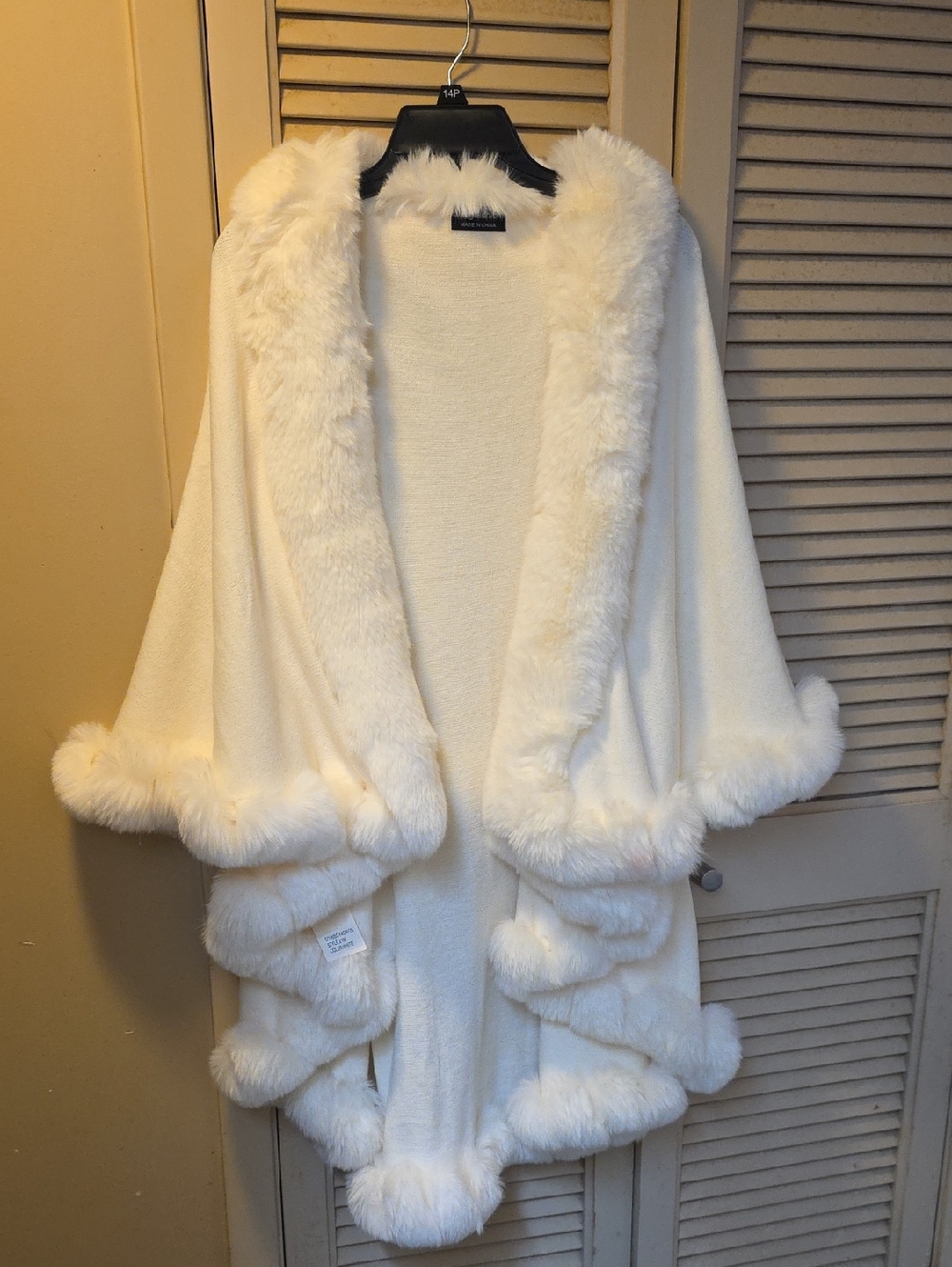 White Faux Fur Trim Shawl Wrap